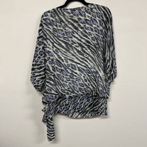 Bob Mackie Wearable Art Blouse M Blue Black Abstract Animal Print Sheer Tie Boho - Picture 4 of 13